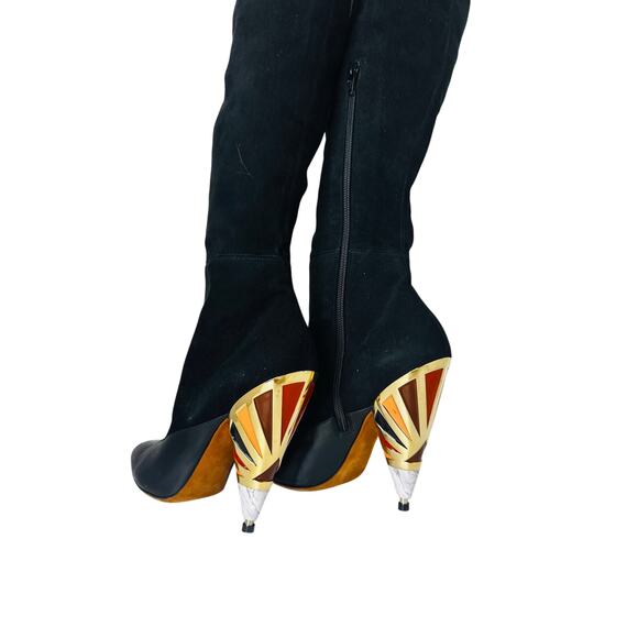 Givenchy Black Leather Suede OTK Boots 38.5 Over The Knee Printed Heel - Picture 15 of 15